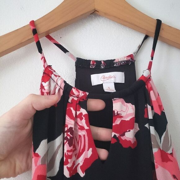 Candie's Floral Rose Print Halter Maxi Dress Skirt Slits Black Pink Keyhole S - Picture 4 of 9